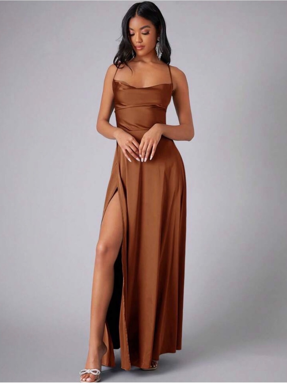 Elegant Satin Brown Spaghetti-Strap Maxi Dress